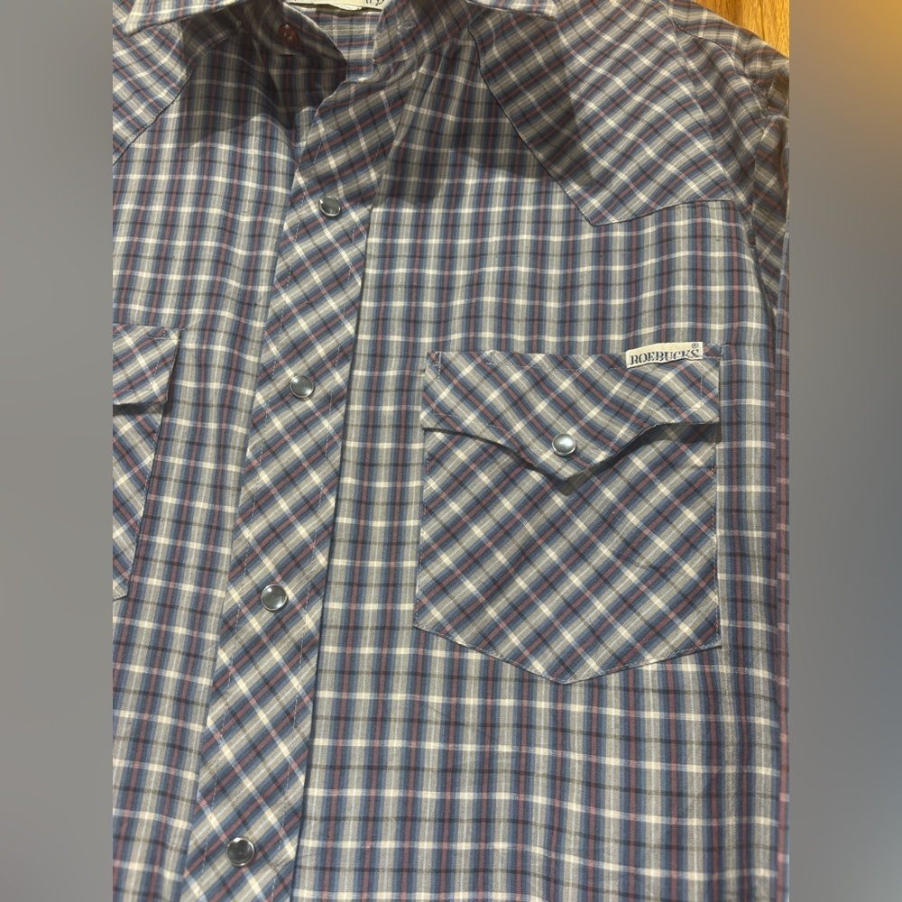 Vintage 90's Roebucks Grey Snap Western Plaid Shirt Large EUC - Picture 3 of 8